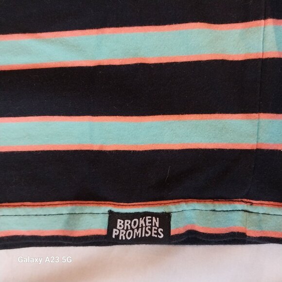 Broken Promises Striped T-Shirt Medium Black Mint Cotton Polyester Mens Crew Nec - Picture 6 of 7